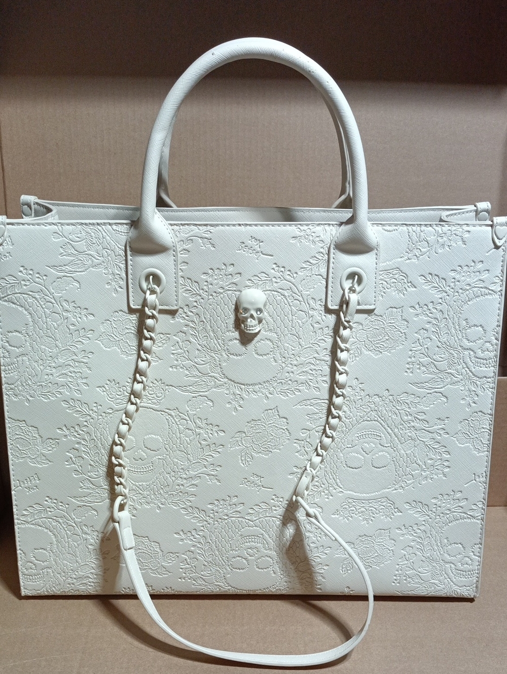 Betsey Johnson Ivory Embossed Skull Tote with Chain-Accent Straps